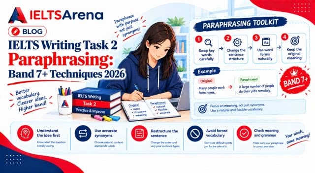 Band 7+ IELTS Writing Task 2 paraphrasing techniques guide