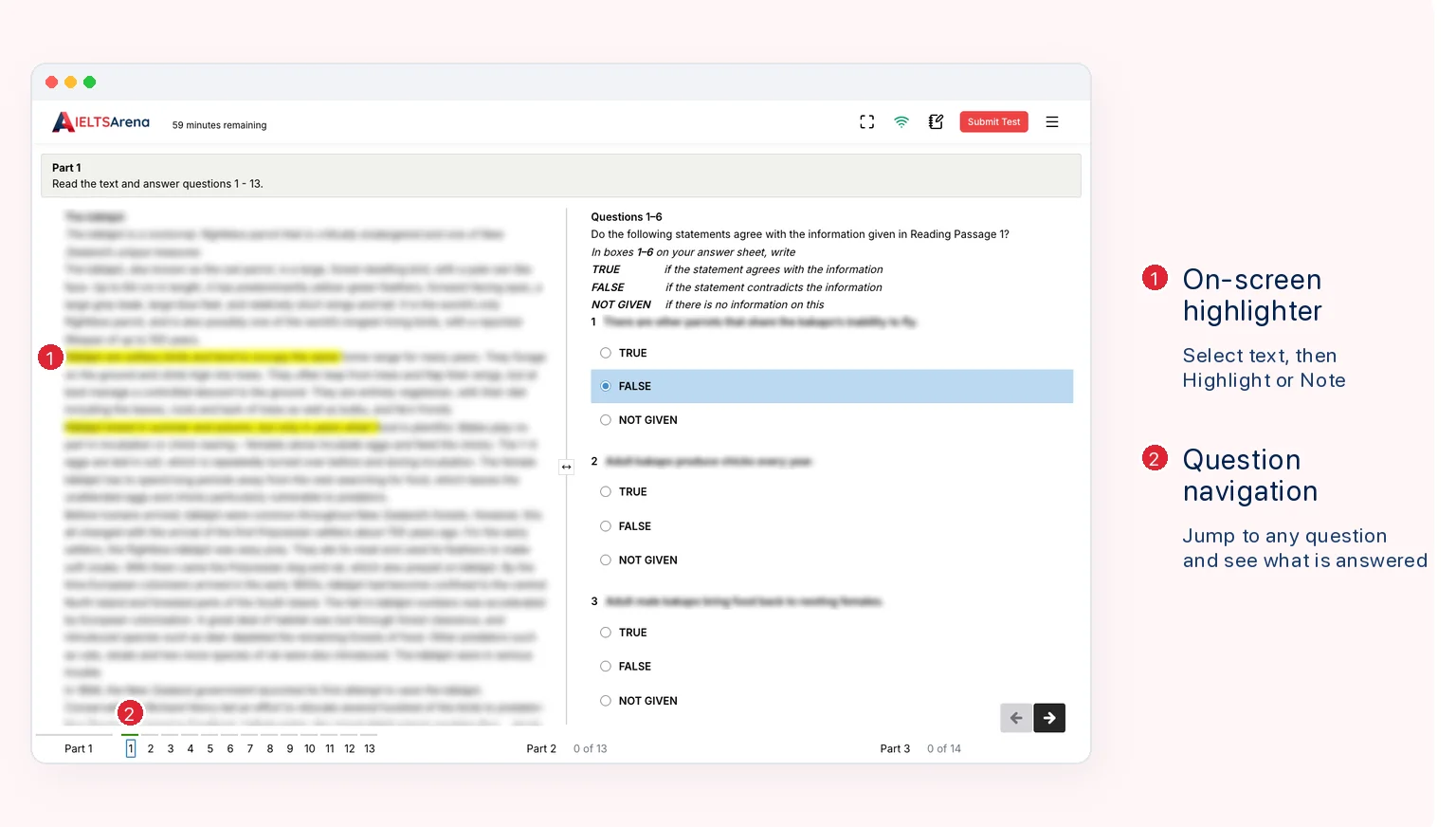 Computer-based IELTS Reading mock test on IELTSArena, with the highlighter and question navigation