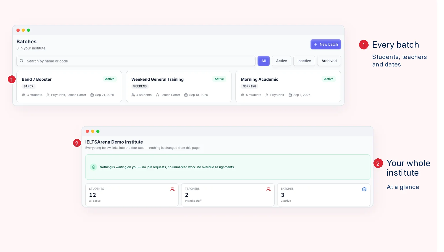 IELTSArena batches page, where a test is assigned to a whole batch