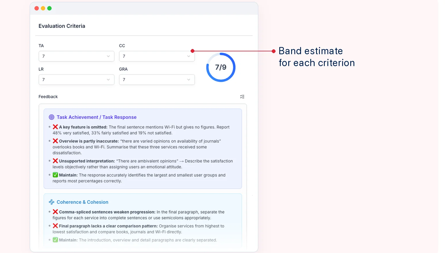 AI feedback on an IELTS Writing Task 1 response on IELTSArena, with a band estimate for each marking criterion
