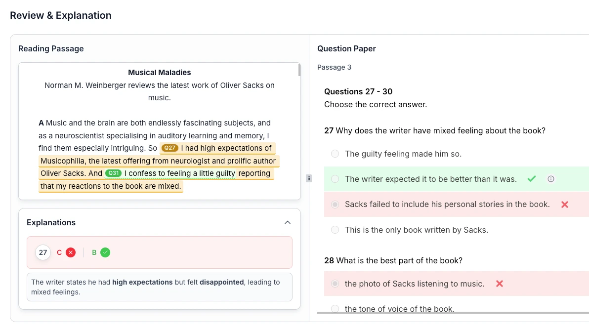 IELTS answer explanation showing correct answer with passage reference and strategy tip